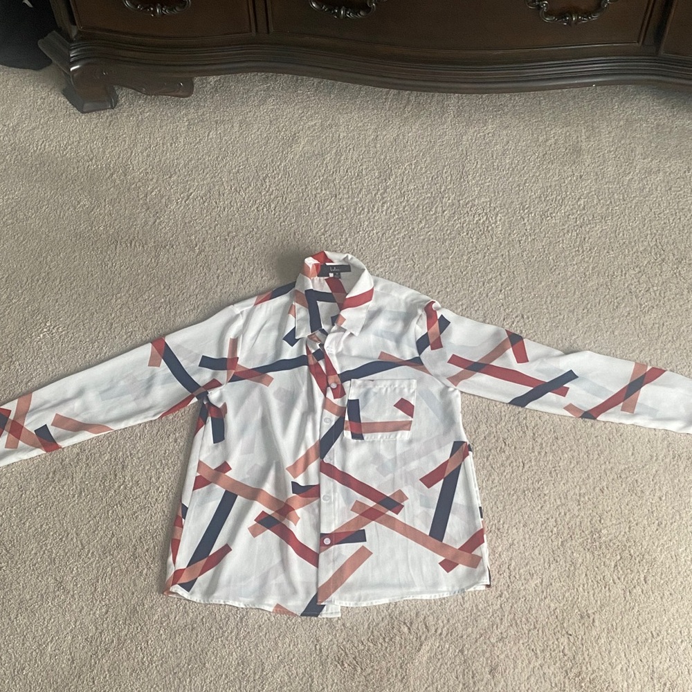 Lulu's' White Shirt with Red and Blue Stripes